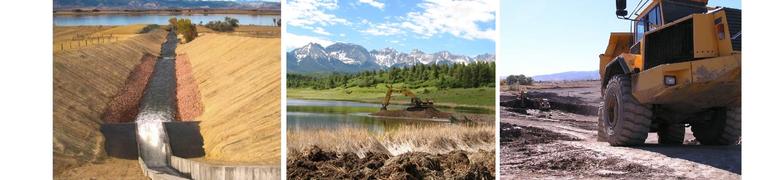 Three images: A rehabilitated dam spillway with straw covered landscaping, a backhoe on a mound of dirt in a lake with mountains in the background, and a closeup of the cab of a large yellow dump truck on a construction site.