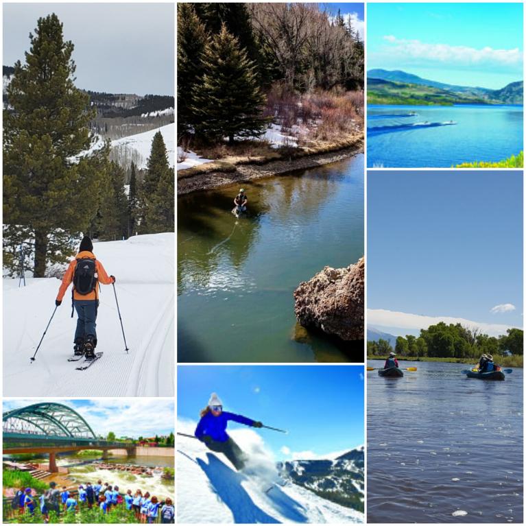 Collage of Colorado recreation including skiing, kayaking, river walks, fishing, and lakes