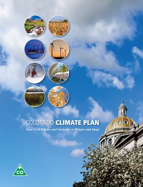 2018 Colorado Climate Plan Front Cover with an image of the State Capital dome