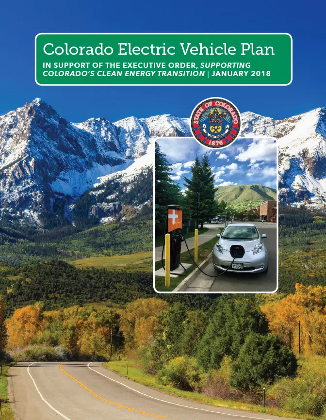  2018 Colorado Electric Vehicle Plan front cover with snowcapped mountains in the background
