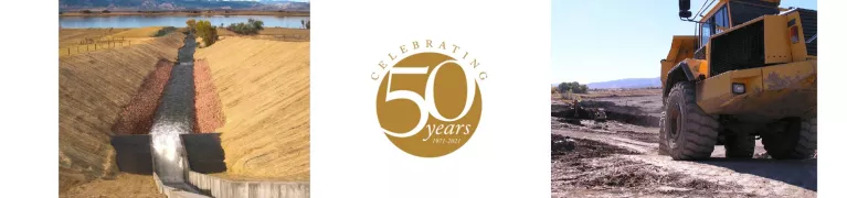 Construction Equipment in rivers, 50th Anniversary logo