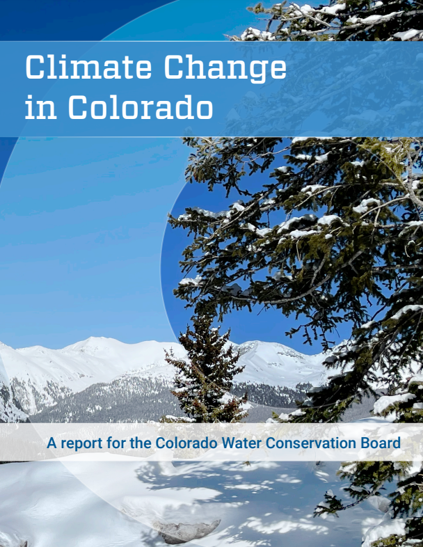 2024 Climate Change in Colorado Report Front Cover with an image of a snowy tree with mountains and blue sky in the background.
